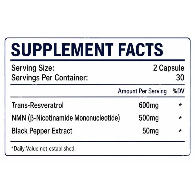 NMN & Resveratrol Capsules Antioxidant Complex Supplement with Black Pepper Extract 1100mg 60 Capsules