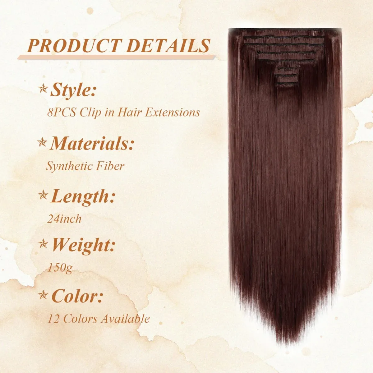 24 Inch 8 Pcs Clip In Hair Extension Straight Hair Extensions for Women Daily Wear Work & Casual Styling Synthetic Hair Pieces