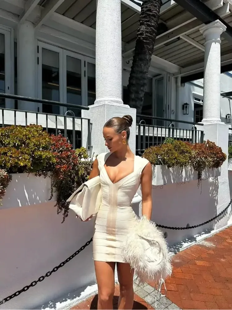 Sexy Solid Color Deep V-neck Hip Hugging Dress Summer Women Sleeveless Waist Cinched Mini Dresses Lady Daily Party Short Gown