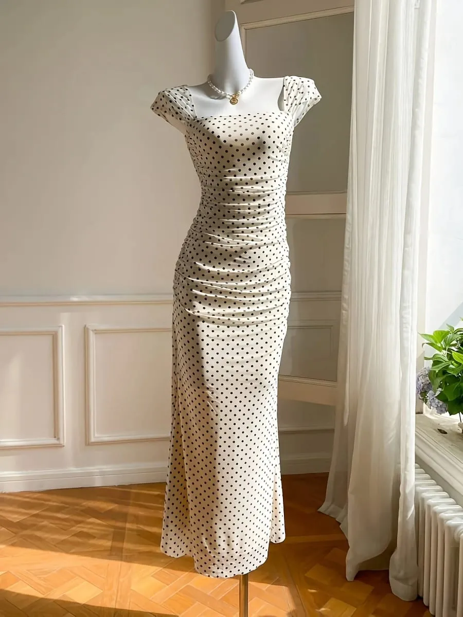 Elegant Lady Polka Dot Print Knitted Long Dress with Square Collar Tight Mermaid Skirt And Split Design for Women