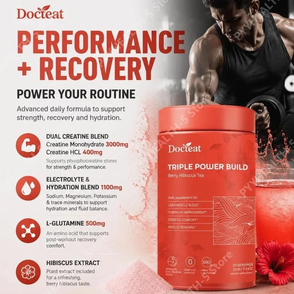 Docteat Berry Hibiscus Tea Creatine Powder with Creatine HCL and L-Glutamine Supports Hydration and Electrolytes 30 Servings