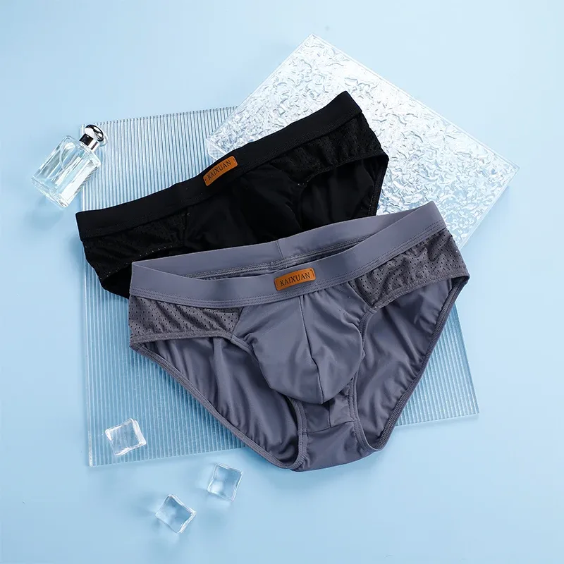 Men's Summer Ice Silk Mesh Briefs Quick Dry U-Pouch Separated Crotch Breathable Underwear Triangle Design for Comfort