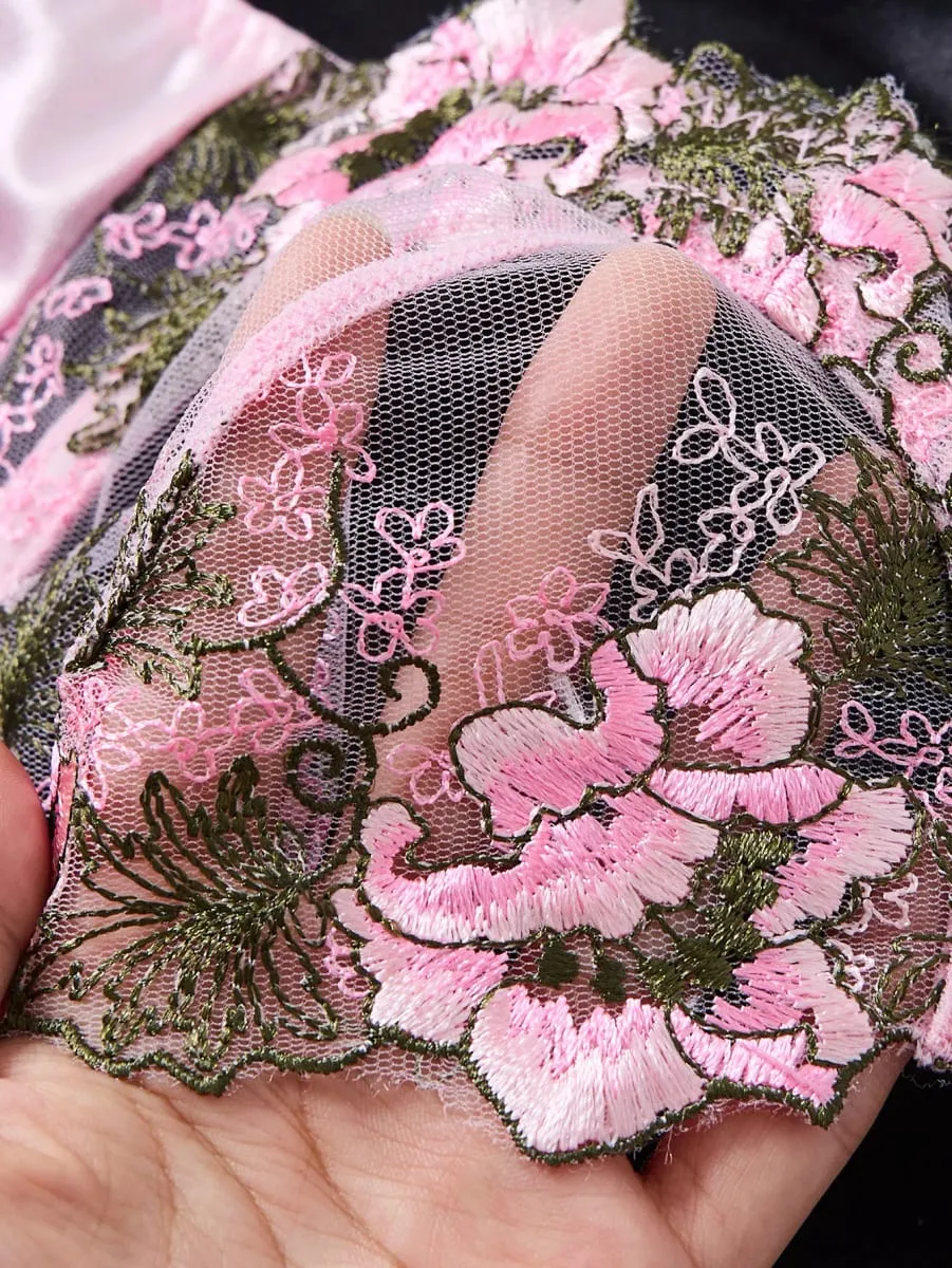 Women Floral Embroidery Lace Lingerie Set Push‑Up Bra & Thong Mesh Satin Intimate Underwear for Daily Nightwear ZA825146