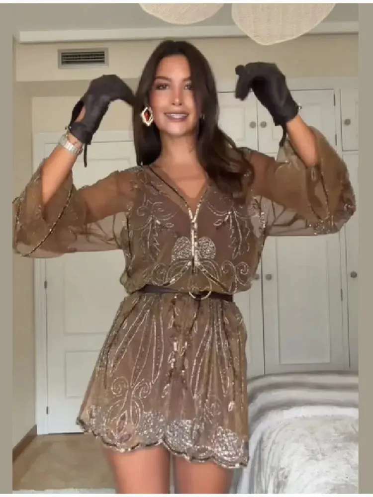 Vintage Sequin Sheer Mini Dress For Women Chic Floral Embroidery V-neck Long Sleeve Ruffled Hem Dresses NEW Party Cocktail Dress