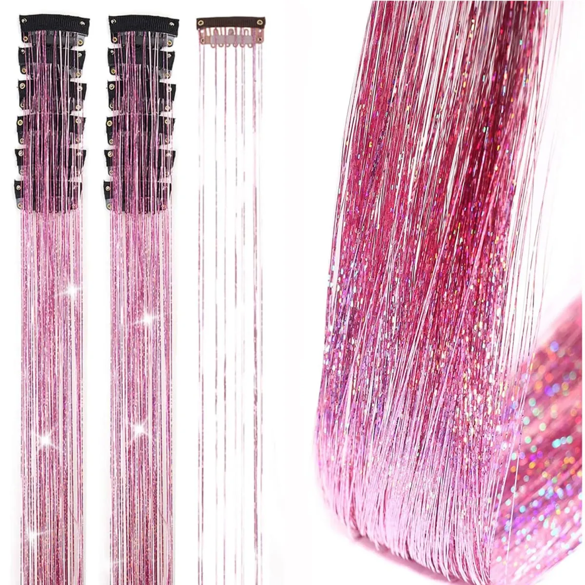 6Pcs Synthetic Hair Tinsel Clip in 20Inch Glitter Tinsel Hair Clip in Hair Tinsel Kit Heat Resistant Shiny Sparkle Fairy Hair
