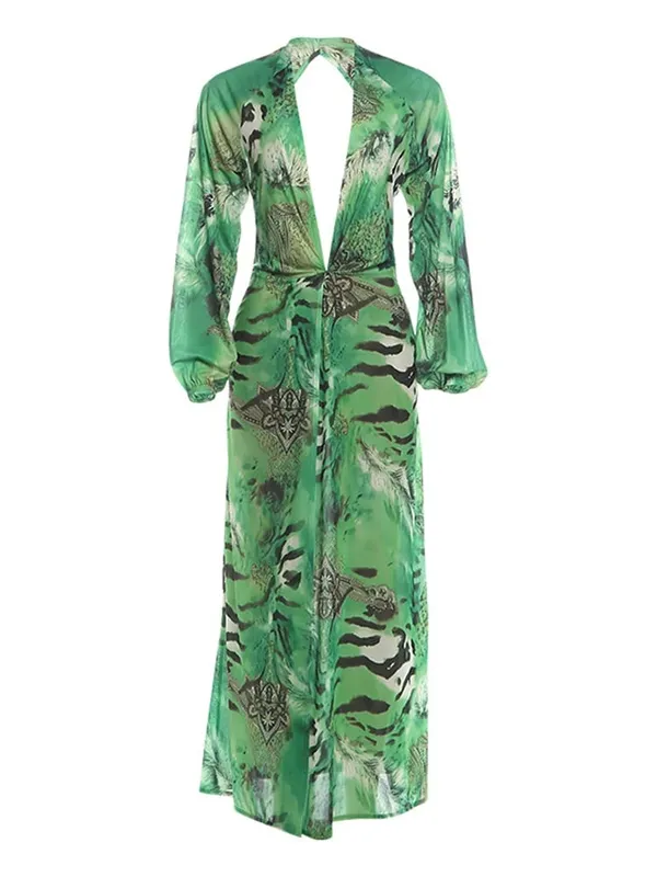 Women Green Tie Waist Long Sleeve Maxi Dress Deep V Lantern Sleeve Flowy Vacation Gown 2026 Seaside Street Holiday Party Outfit