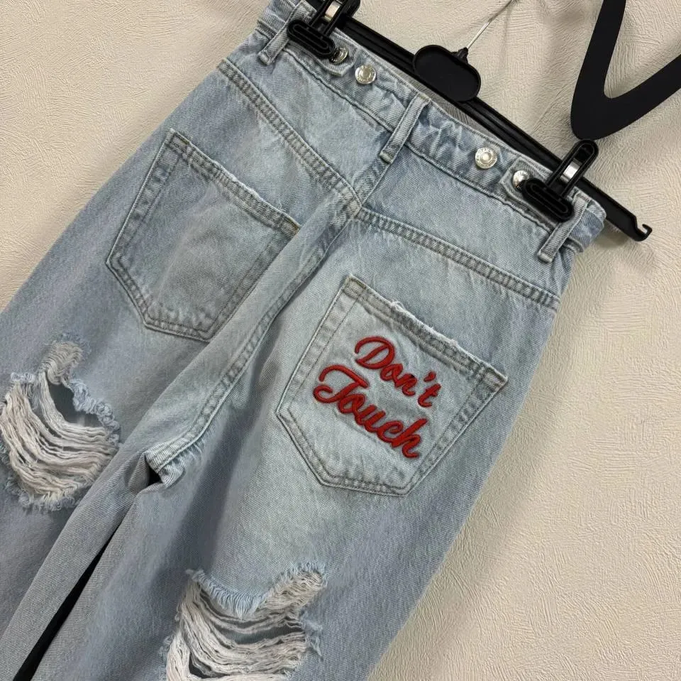 Men Y2K Rhinestone Rivet Decorated Wide Leg Jeans Vintage Washed Distressed Denim Pants Hip Hop Streetwear Baggy Trousers
