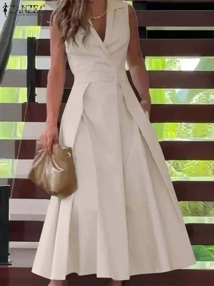 Pendlermode Midikjole Sommer Revershals Elegant Cinched Talje Plisseret Kjoler Kvinder Solid Farve A-line Vestidos