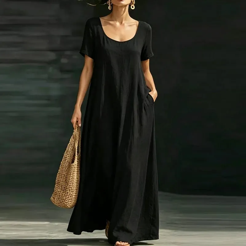 Summer Casual Pocket Maxi Dresses For Women Elegant Short Sleeve Loose Beach Holiday Dress Women Party Long Dress Boho