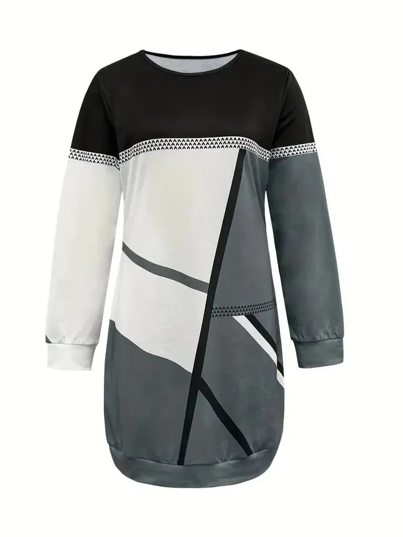 Women's Spring and Autumn Geometric Pattern Print Long Sleeve Round Neck Dress