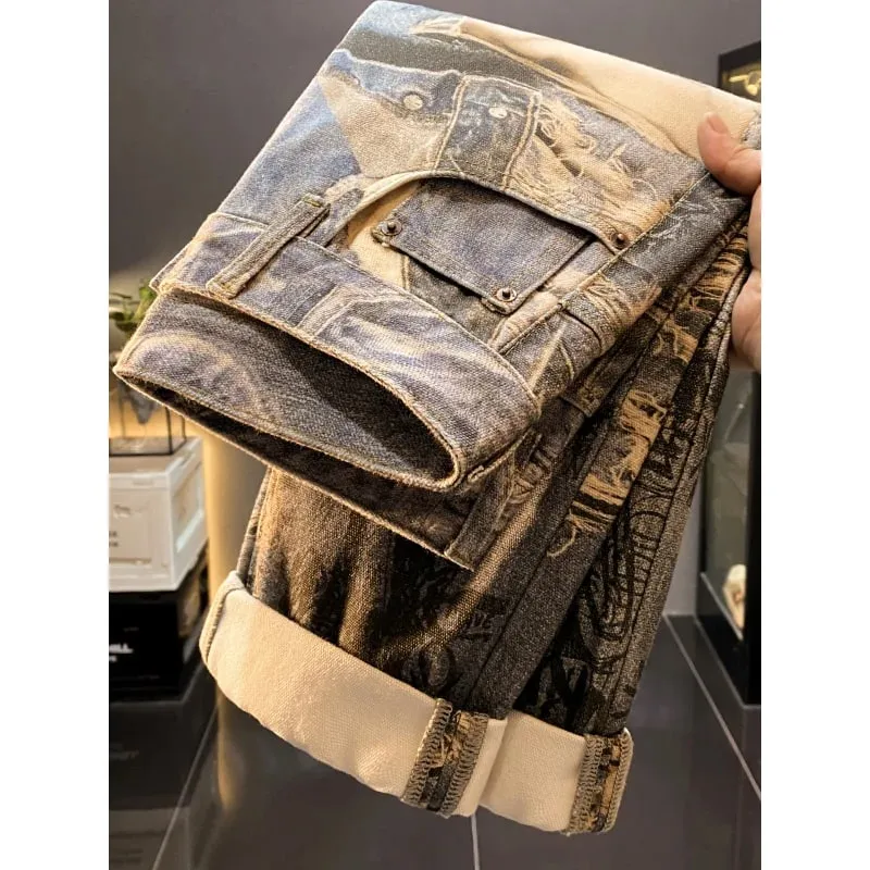 American high-end retro printed design jeans men's 2025 autumn new cool and loose straight leg long pants