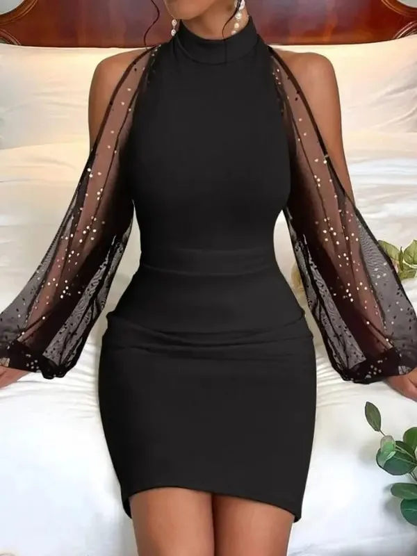 Women's Long Sleeve High Neck Bodycon Dress with Floral Lace Bell Sleeves for Party Evening Wear