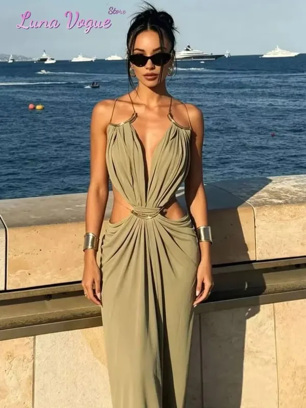 Solid Color Spaghetti Strap Sleeveless Maxi Gown Women Sexy Deep V Cutout Waist Ruched Evening Dress Summer Elegant Party Wear