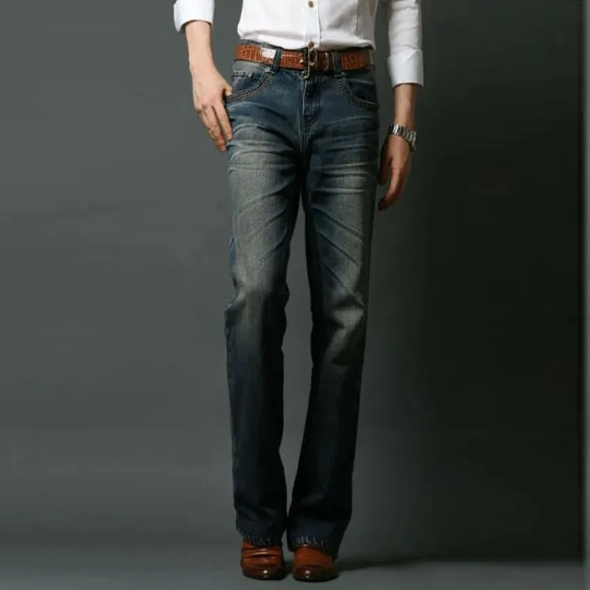 2026 New Men Micro Flare Jeans Korean Fashion Stretch Slim Denim Pants Mid Waist Washed Casual Business Trousers Black Blue