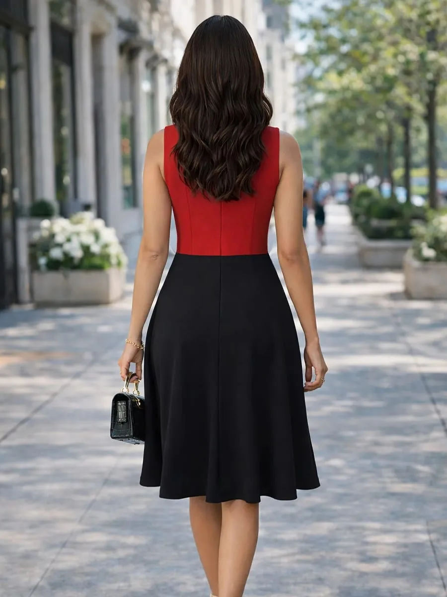 Womens Summer Sleeveless Elegant Front Zipper Work Office A-Line Colorblock Business Casual Party Slim Fit And Flare Swing Dress