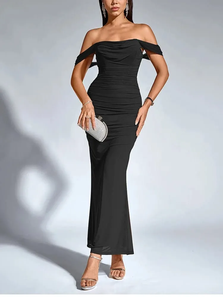 NewAsia Women's Off Shoulder Ruched Mesh Long Corset Dress Backless Fishbone Bodycon Elegant Fashion Party Club Maxi Dresses — image 4