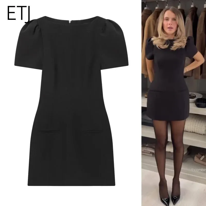 ETJ 2025 women's new products are elegant and stylish Short dress with a boat neck and short sleeves with pleats black dress