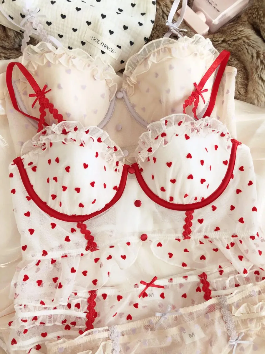 Sweet Heart Fleece Mesh Lingerie With Panties Suit Sexy Soft Underwire Bra Set with Waist Cincher