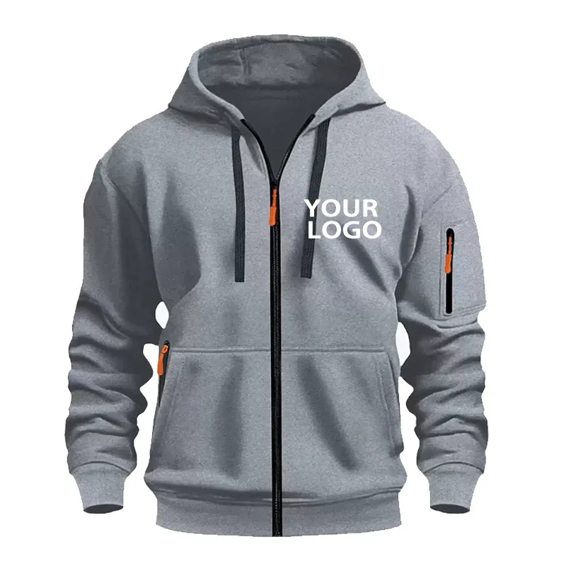 DIY Custom Logo Men's Casual Sports Hoodie Full-Zip Pocket Sweatshirt Fashion Arm Pocket Outdoor Long-Sleeve Pullover Hoodie