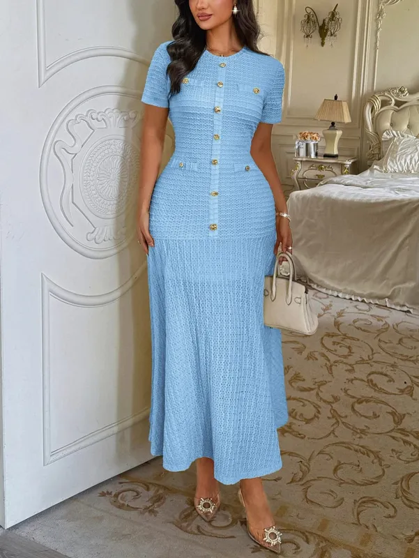 Women's Solid Color Midi Dress Short Sleeve Gold Button Decorated Fitted Flared Hem Gown Elegant Retro Outfit Dating & Parties