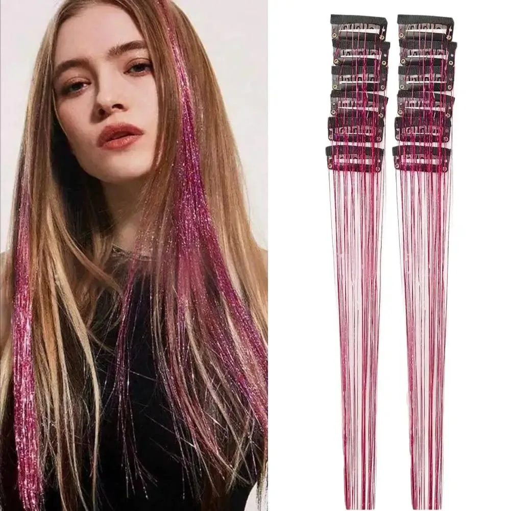 12Pcs Hair Tinsel Clip Glitter Tinsel Hair Extensions Synthetic Clip In Sparkle Music Girl Women Festival Party Hair Accessories