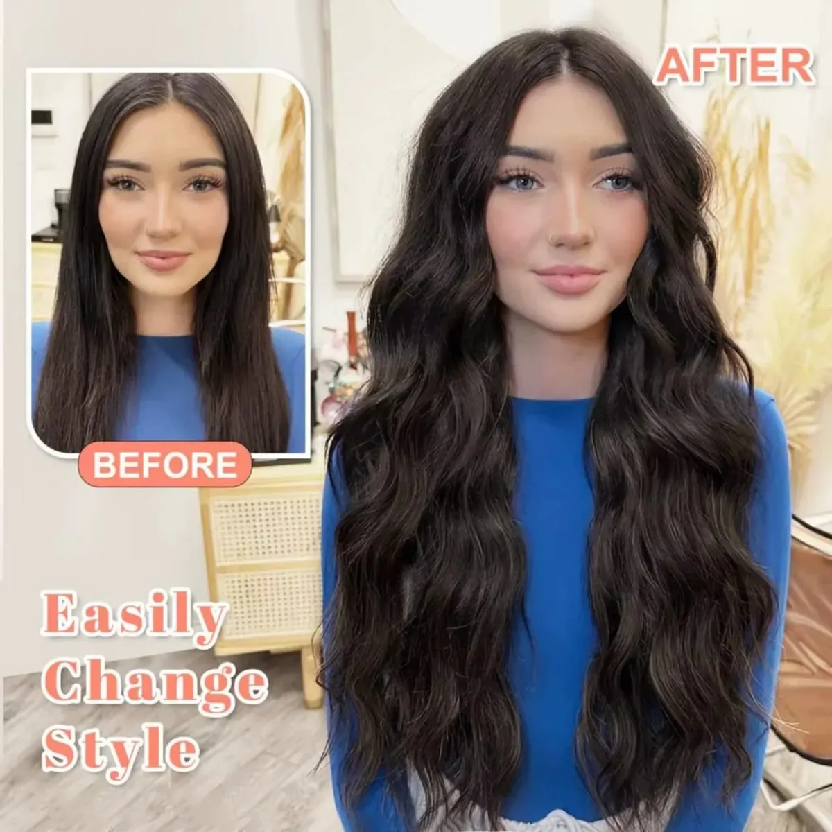 Synthetic Long Wavy Hair Extensions 24 Inch Clip in Fiber Double Weft Thick Hairpieces for Women Party Daily Cosplay Styling