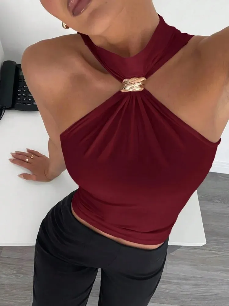 Metal Ring Decor Twist Knot Sleeveless Tank Top for Women Summer Casual Elegant Office Style Halter Neck Slim Fit Crop Top