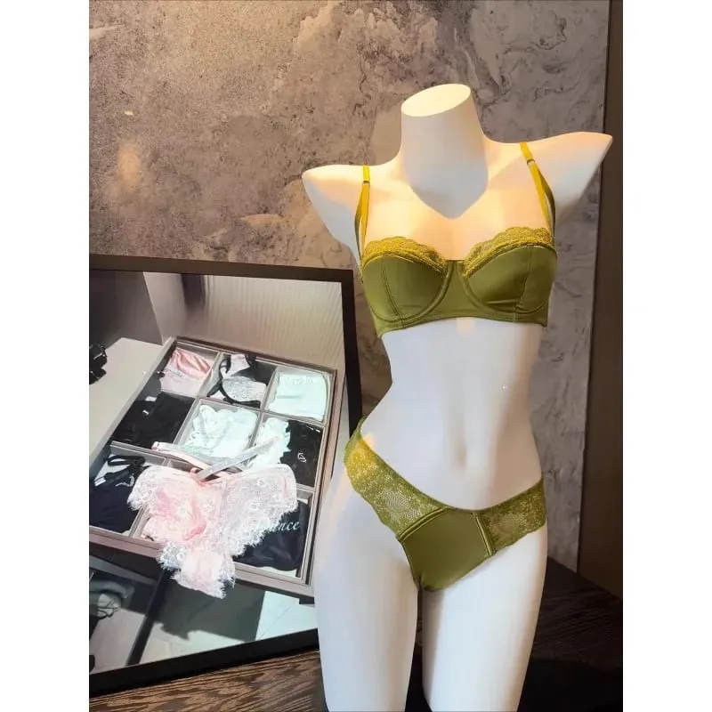Sexy French Lace Gathered Cup Bra Set Semi Cup Design For Petite Women Lightweight Breathable Comfort Lingerie Set Sizes 32-38