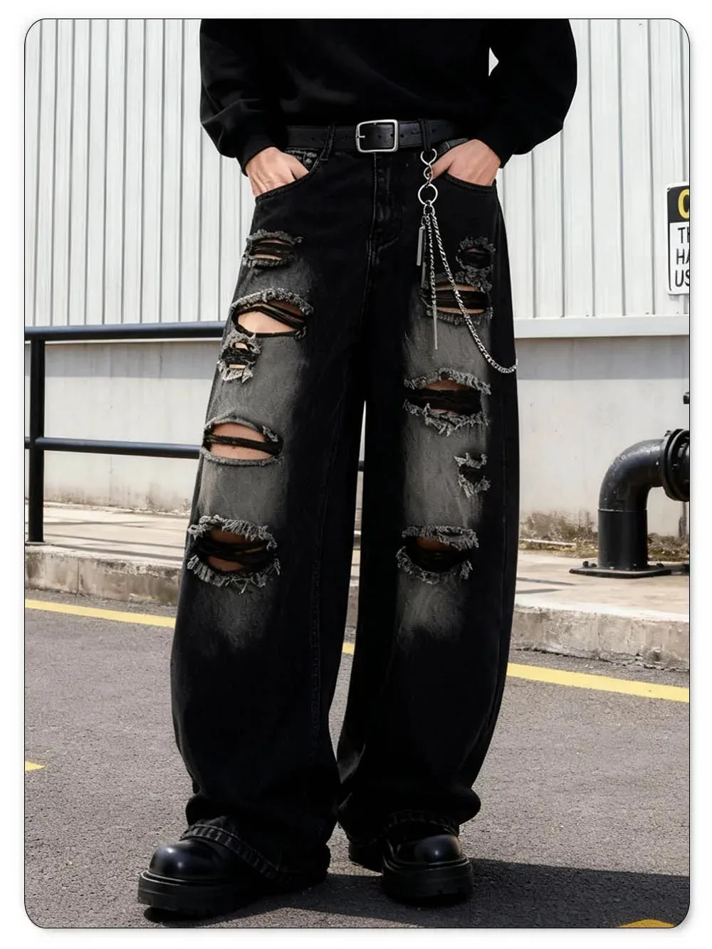 American Street Retro Men's Black Baggy Wide Leg Ripped Jeans Gothic Tear Style Unisex Loose Straight Leg Denim Pants Clothes