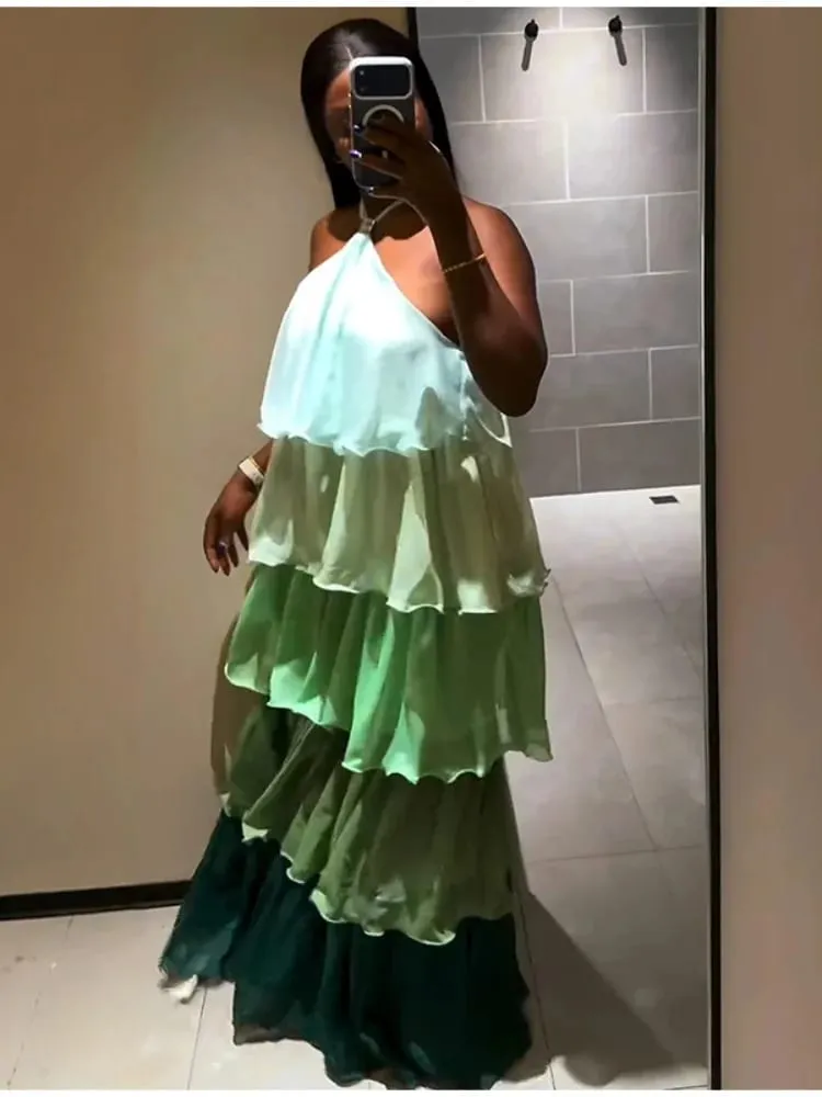 Women's Lace Hem Draped Maxi Dress Sweet Sleeveless Backless Ruffle Hem Dress 2026 Summer Casual Vacation Streetwear Lady Dress
