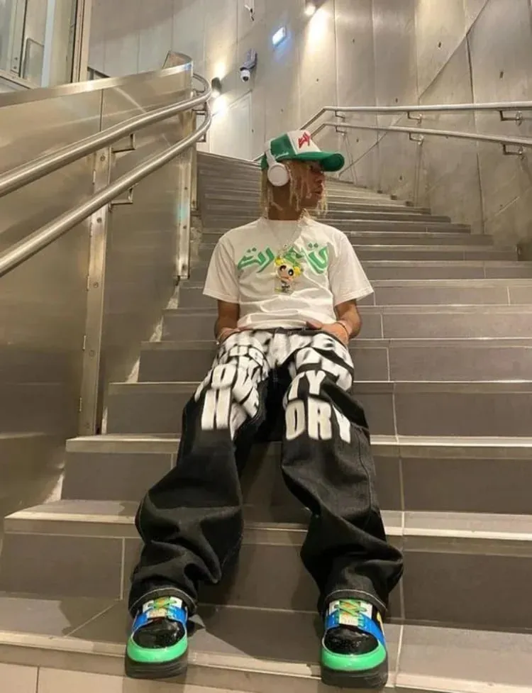 Y2k Wide Leg Jeans 2026 New Trend Hip Hop Letter Printed Black Pants Men Women Fashion Punk Loose Straight Trousers Streetwear