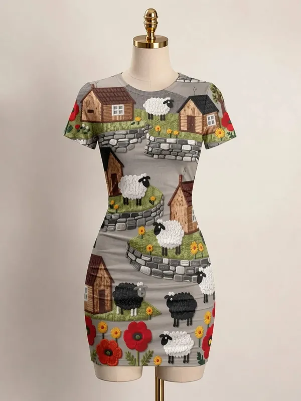 Womens Short Sleeve Bodycon Mini Dress Slim Fit Crew Neck Floral Print Casual Summer Party Cute Trendy Flattering Party Sundress