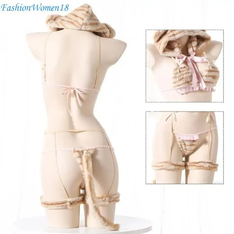 Anime Lingerie Furry Bra Panty Cap Tigers Tail Tigers Cosplay Lingerie Costume Set 57BD — image 4