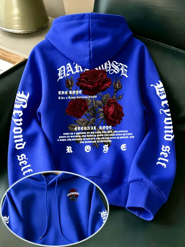 Men's Gothic Rose Hoodie Dark Red Rose Letter Graphic Back Sleeve Print Vintage Oversized Pullover Sweatshirt Streetwear Autumn