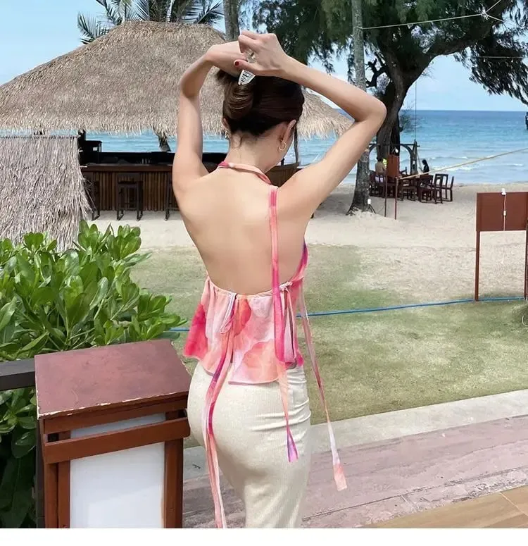 Pink Y2K Crop Tops Printed Sleeveless Sexy Slim Tank Tops Summer New Sweet Cute Casual Party Beach Tank Top Women Clothing