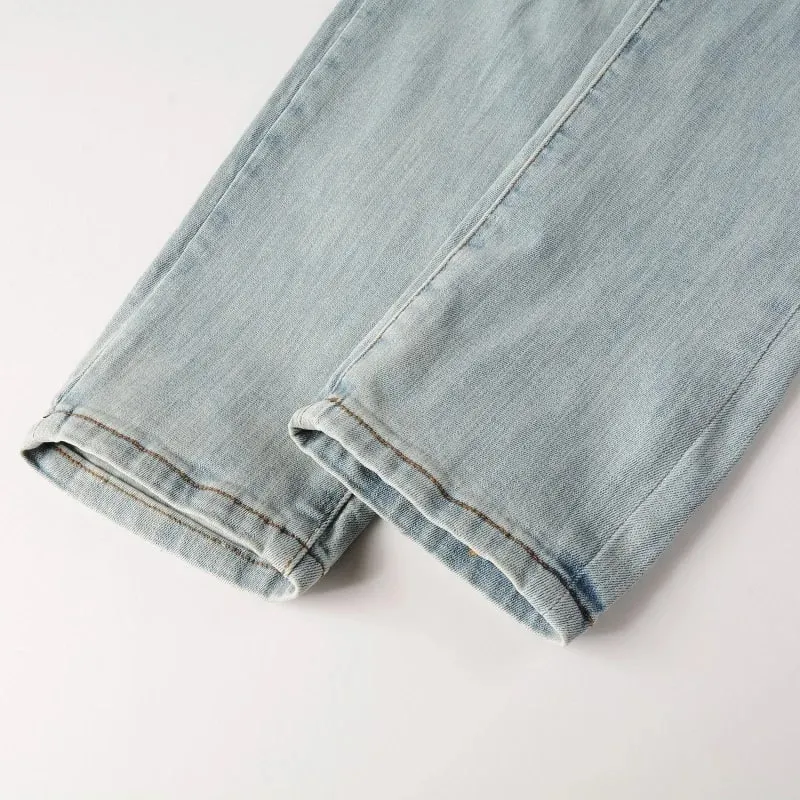 Jean en Denim extensible pour hommes, Patch craquelé, trous déchirés, pantalon Patchwork, Streetwear, bleu clair, pantalon fuselé slim — image 5