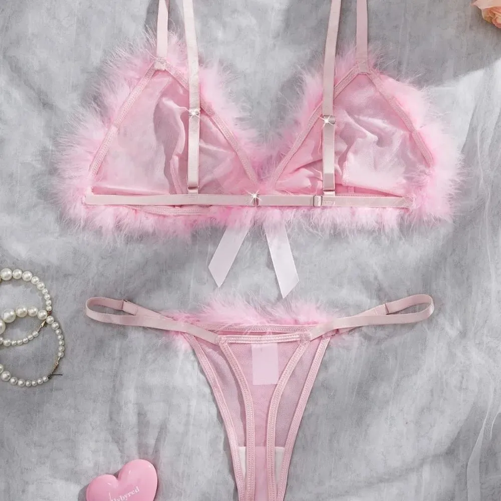 Furry Women's Underwear Mesh Transparent Wireless Lingerie Set Bow Decor Romantic Intimate Bra Panties Suit Intimate Moments