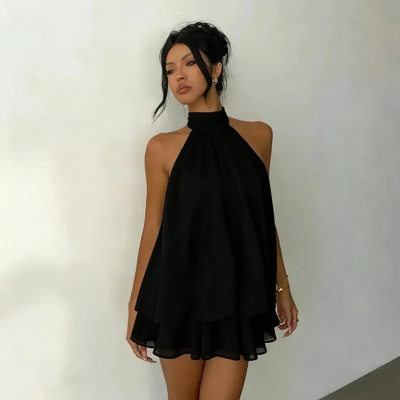 Sexy Women Chiffon Sleeveless Halter Backless Dress Lady Solid Color Tie Waist Slim Flared Dress Summer Beach Vacation Outfit