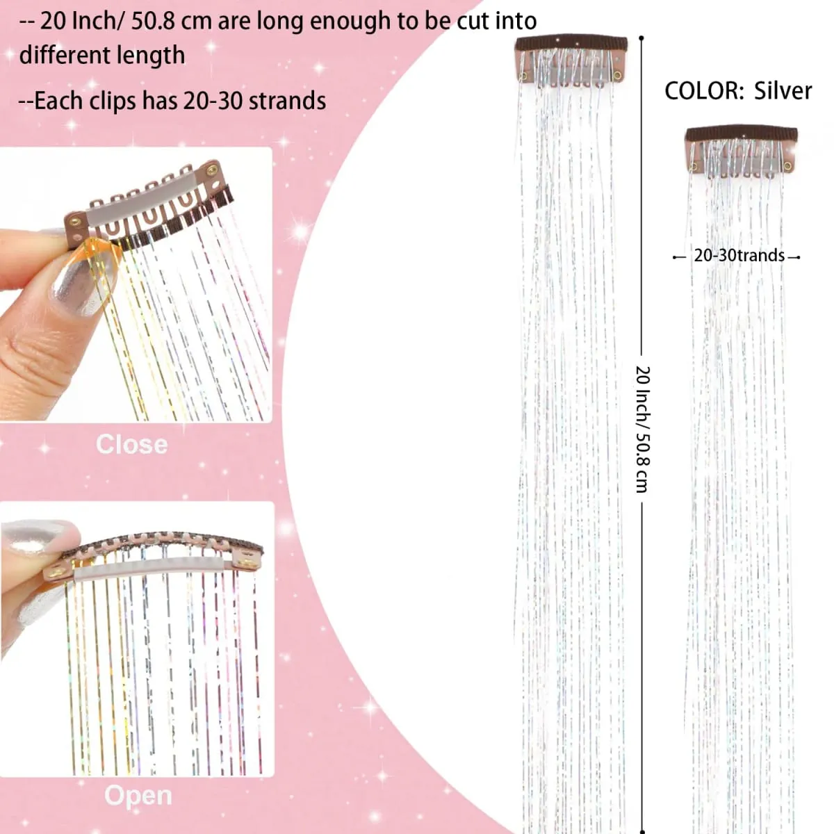 Clip in Hair Tinsel 12Pcs Heat Resistant Sparkly Glitter Fairy Hair Accessories for Girls Women Party Festival Decoration