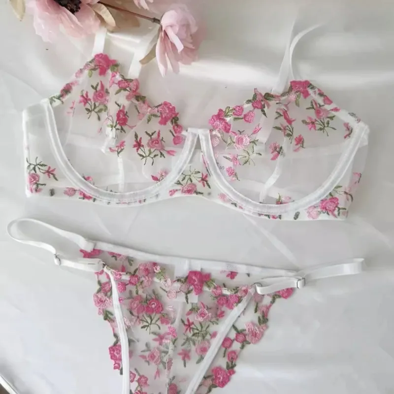 French Elegant Lingerie Set-Floral Embroidery Semi-Transparent Bra & Brief Black Sensual Women's Underwear Luxury Intimates