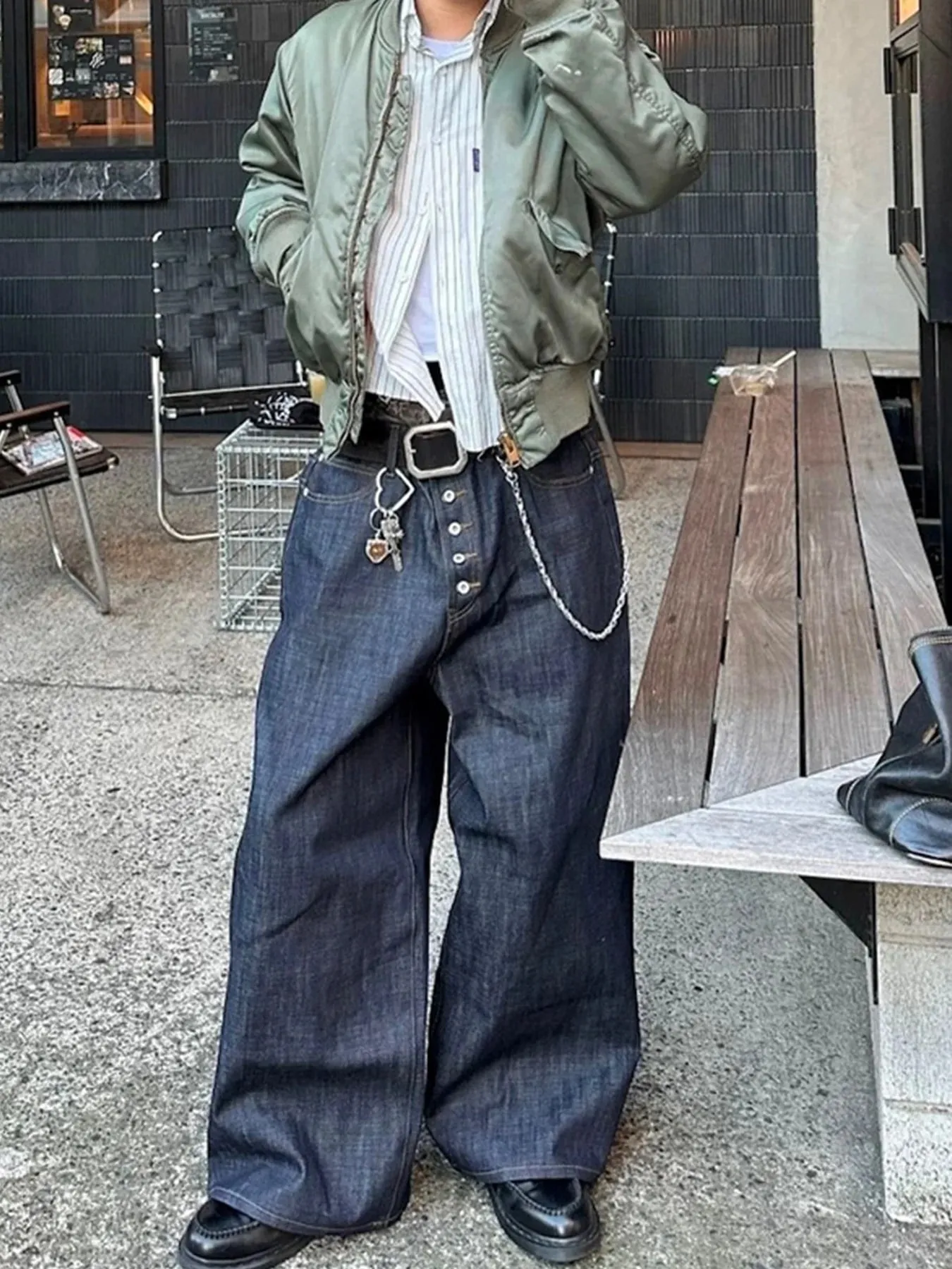 Men Women High Street Jeans American Retro Button Up Baggy Denim Dark Blue Original Vintage Casual Streetwear Trousers