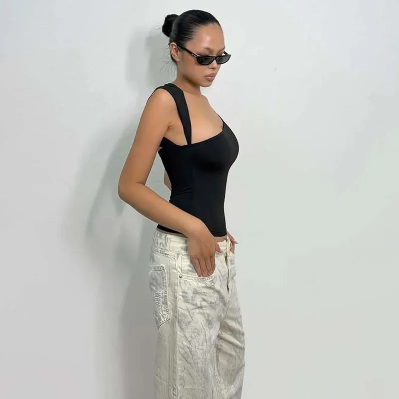 Dulzura Asymmetric One Shoulder Backless Slim Sleeveless Tank Top Women'S Solid Sexy Casual Top Street Style Y2K Summer Clothes
