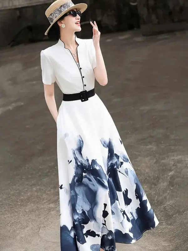 2026 Summer New Chinese Style Ink Painting Print Waist Cinched Swing Dress