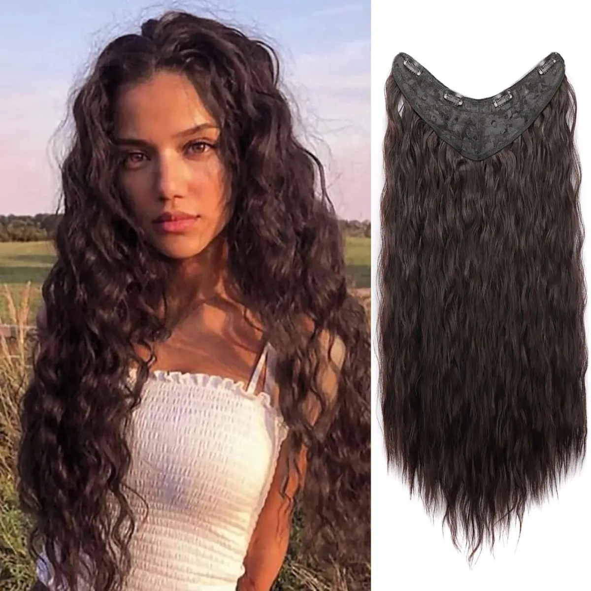 Synthetic Curly Hair Extensions Clip in One Piece 4Clips Deep Wave Long Hairpieces for Women Daily Use Party Hair Accessory