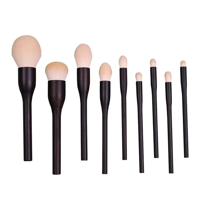 9pcs Ebony Wood Chinese Vintage Style Makeup Brushes Set Powder Blush Foundation Sculpting Highlighter Blending Cosmetic Brushes