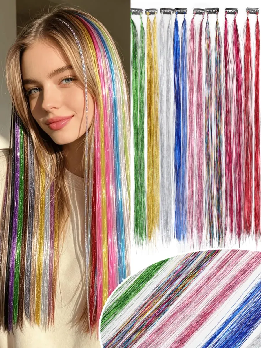 Multi-Color Glitter Synthetic Hair Extension Wig BB Clip Style Suitable for Women and Girls to Wear During Holidays and Events