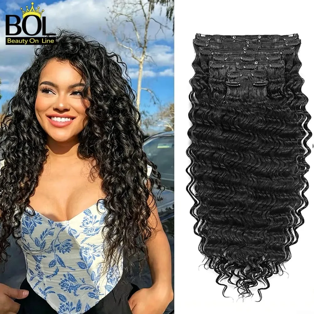 24Inch Synthetic Deep Wave Clip In Hair Extensions 7Pcs/Set 140g Fake Hair Full Head Hairpiece Curly Clip Ins Hair For Women