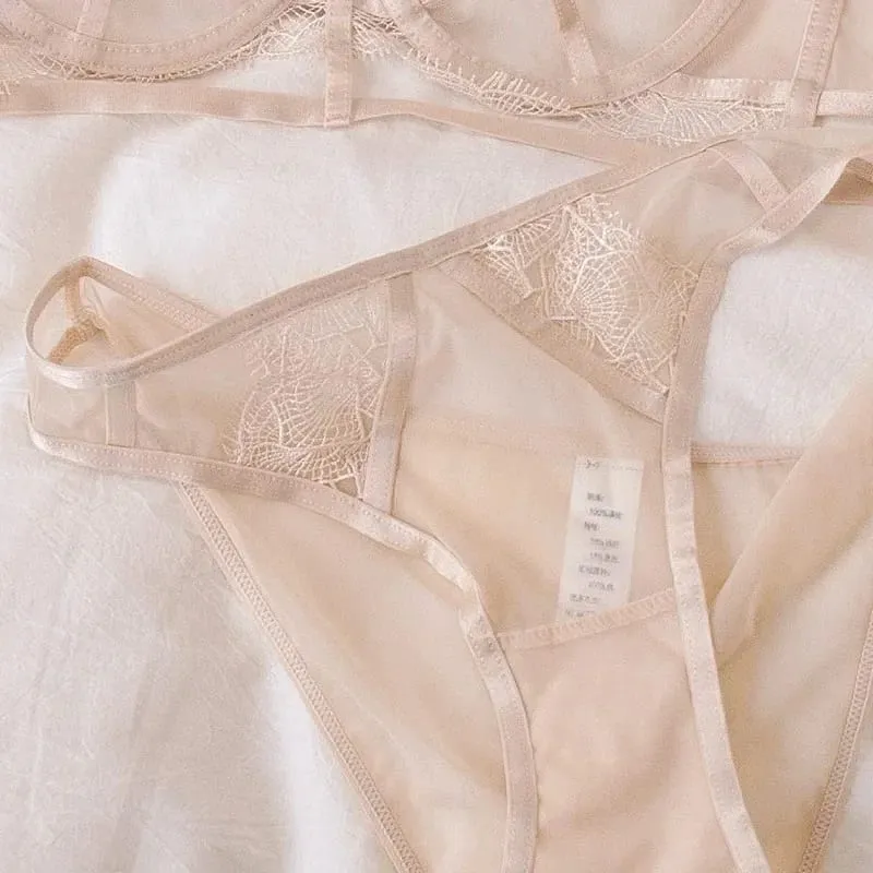 Ultra-Thin Embroidery Mesh Lingerie Set with Steel Ring Push-Up for Large Breasts & Sexy Look