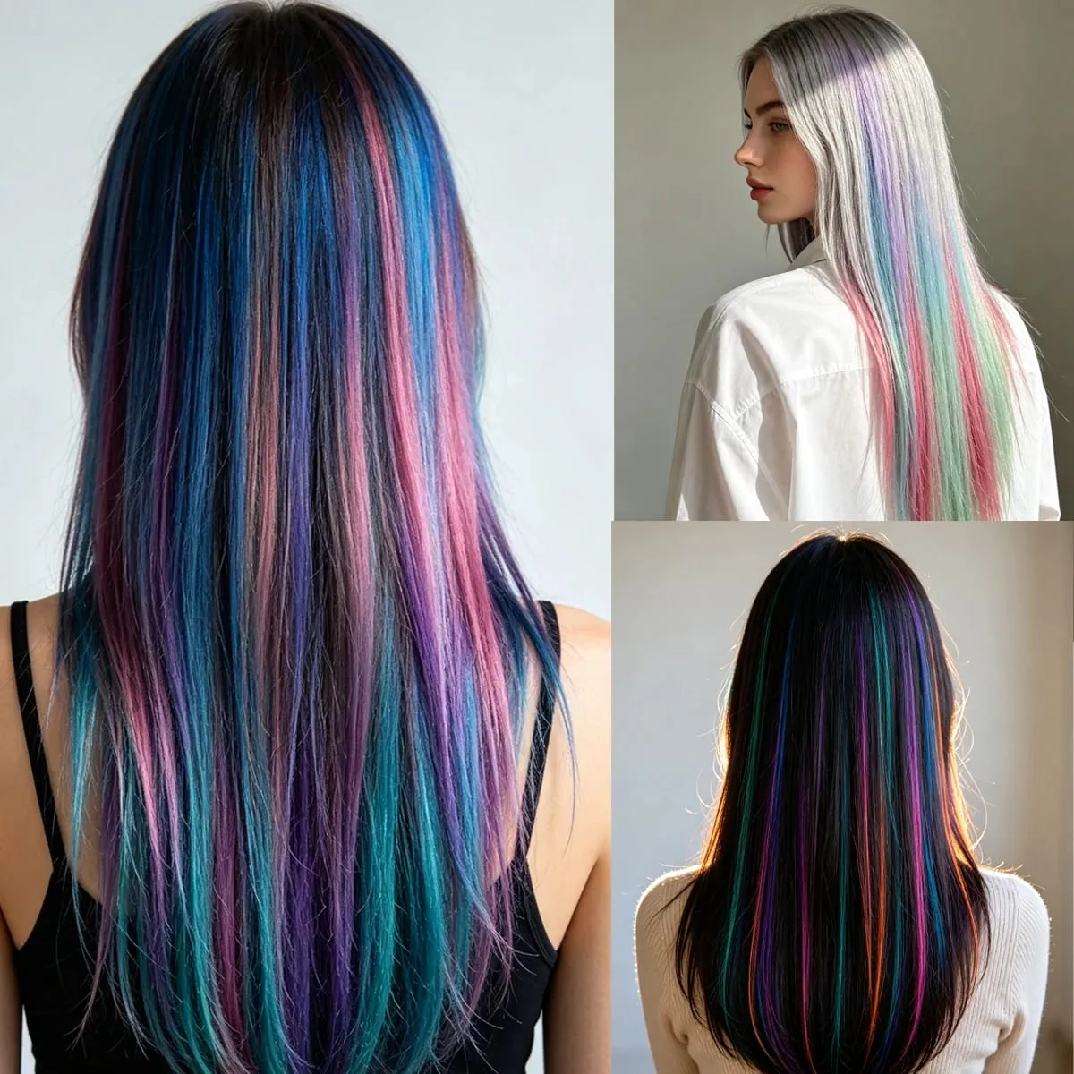 Synthetic Colored Clip In Hair Extensions Straight Highlight Hair Streaks Rainbow Hanging Hair Pieces Hairpiece For Women Party