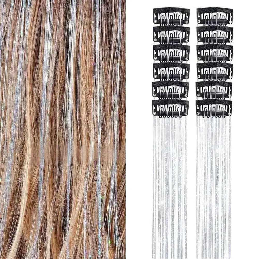 12Pcs Hair Tinsel Clip Glitter Tinsel Hair Extensions Synthetic Clip In Sparkle Music Girl Women Festival Party Hair Accessories